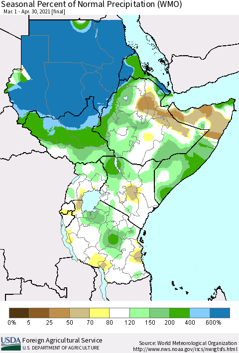 Eastern Africa Seasonal Percent of Normal Precipitation (WMO) Thematic Map For 3/1/2021 - 4/30/2021