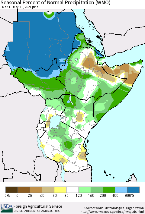 Eastern Africa Seasonal Percent of Normal Precipitation (WMO) Thematic Map For 3/1/2021 - 5/10/2021