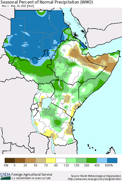 Eastern Africa Seasonal Percent of Normal Precipitation (WMO) Thematic Map For 3/1/2021 - 5/20/2021