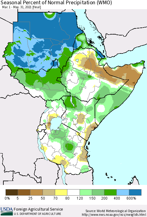 Eastern Africa Seasonal Percent of Normal Precipitation (WMO) Thematic Map For 3/1/2021 - 5/31/2021