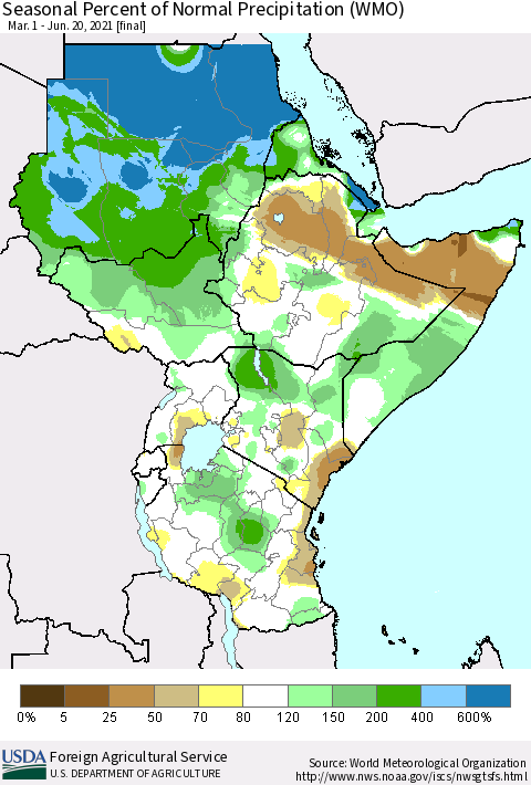 Eastern Africa Seasonal Percent of Normal Precipitation (WMO) Thematic Map For 3/1/2021 - 6/20/2021