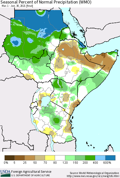 Eastern Africa Seasonal Percent of Normal Precipitation (WMO) Thematic Map For 3/1/2021 - 6/30/2021