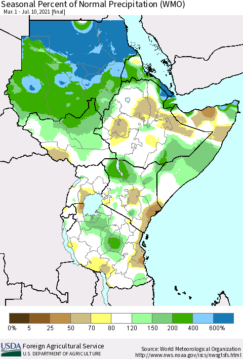 Eastern Africa Seasonal Percent of Normal Precipitation (WMO) Thematic Map For 3/1/2021 - 7/10/2021