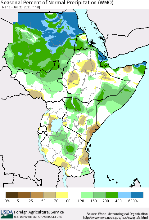 Eastern Africa Seasonal Percent of Normal Precipitation (WMO) Thematic Map For 3/1/2021 - 7/20/2021
