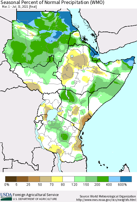 Eastern Africa Seasonal Percent of Normal Precipitation (WMO) Thematic Map For 3/1/2021 - 7/31/2021
