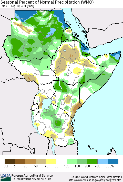 Eastern Africa Seasonal Percent of Normal Precipitation (WMO) Thematic Map For 3/1/2021 - 8/10/2021