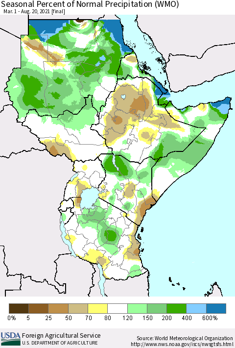 Eastern Africa Seasonal Percent of Normal Precipitation (WMO) Thematic Map For 3/1/2021 - 8/20/2021