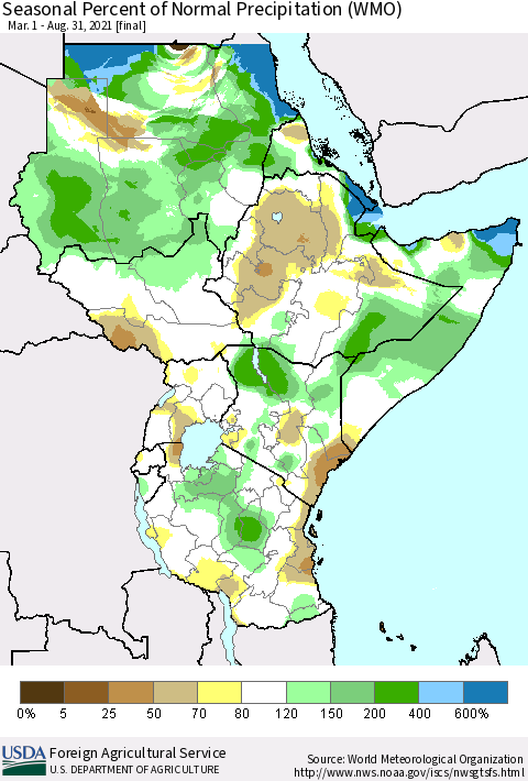 Eastern Africa Seasonal Percent of Normal Precipitation (WMO) Thematic Map For 3/1/2021 - 8/31/2021