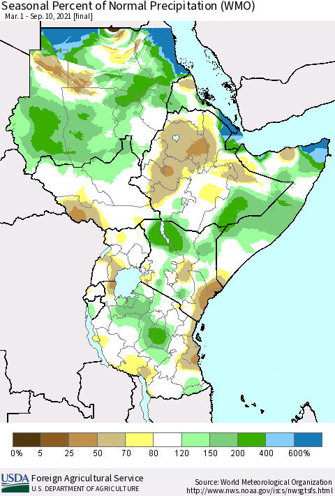 Eastern Africa Seasonal Percent of Normal Precipitation (WMO) Thematic Map For 3/1/2021 - 9/10/2021
