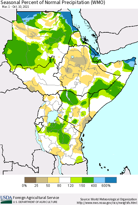 Eastern Africa Seasonal Percent of Normal Precipitation (WMO) Thematic Map For 3/1/2021 - 10/10/2021