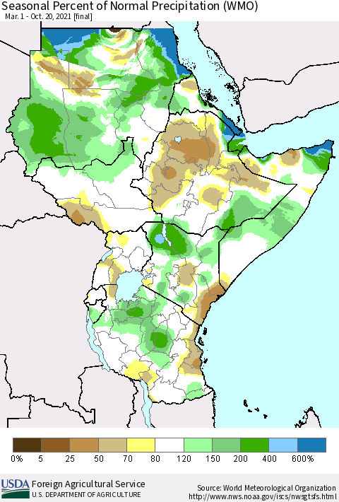Eastern Africa Seasonal Percent of Normal Precipitation (WMO) Thematic Map For 3/1/2021 - 10/20/2021
