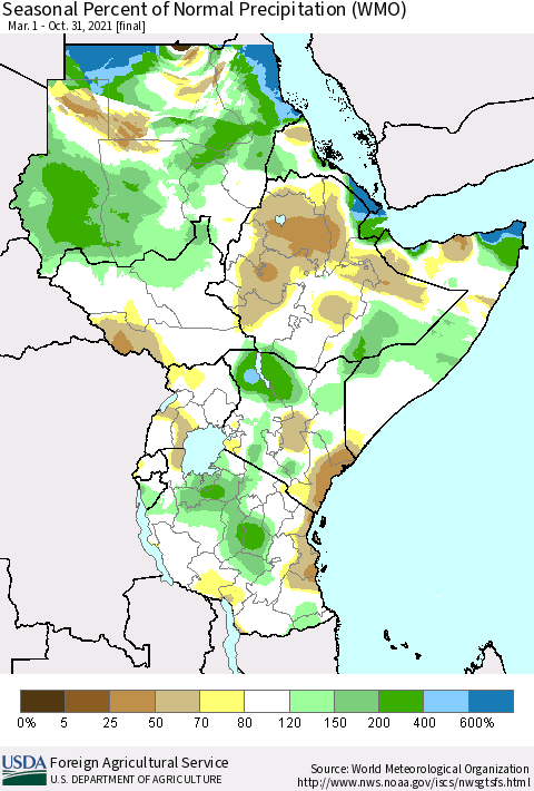 Eastern Africa Seasonal Percent of Normal Precipitation (WMO) Thematic Map For 3/1/2021 - 10/31/2021