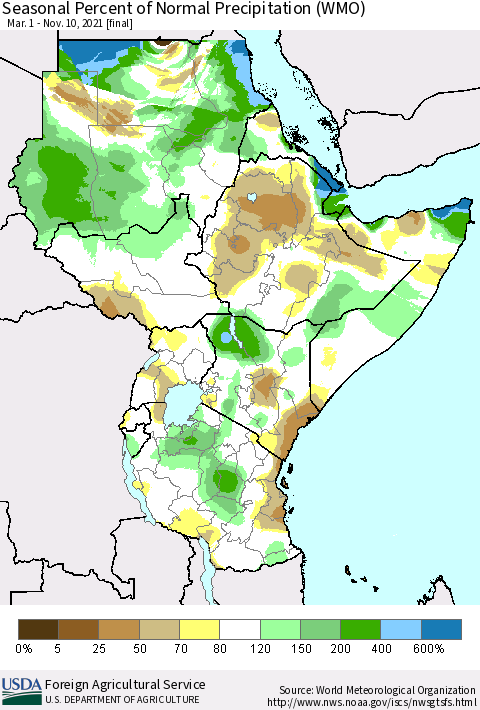 Eastern Africa Seasonal Percent of Normal Precipitation (WMO) Thematic Map For 3/1/2021 - 11/10/2021