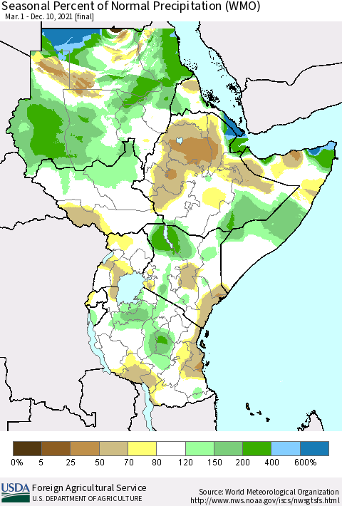 Eastern Africa Seasonal Percent of Normal Precipitation (WMO) Thematic Map For 3/1/2021 - 12/10/2021