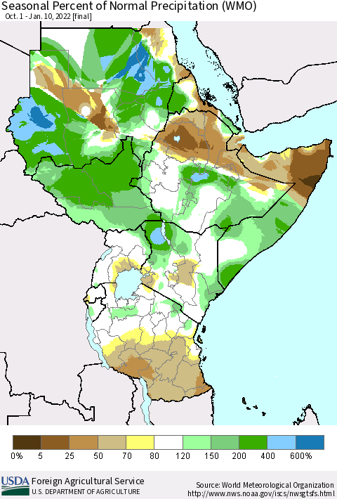Eastern Africa Seasonal Percent of Normal Precipitation (WMO) Thematic Map For 10/1/2021 - 1/10/2022