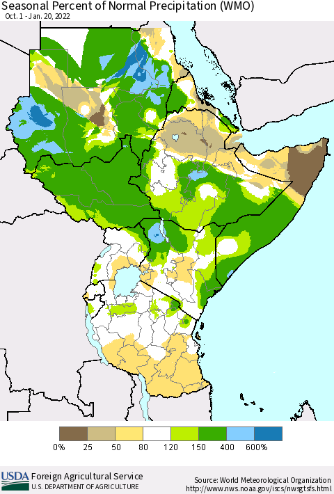 Eastern Africa Seasonal Percent of Normal Precipitation (WMO) Thematic Map For 10/1/2021 - 1/20/2022