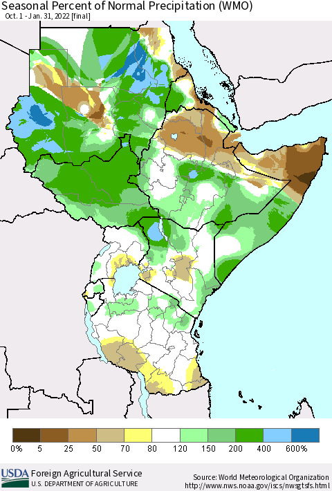 Eastern Africa Seasonal Percent of Normal Precipitation (WMO) Thematic Map For 10/1/2021 - 1/31/2022