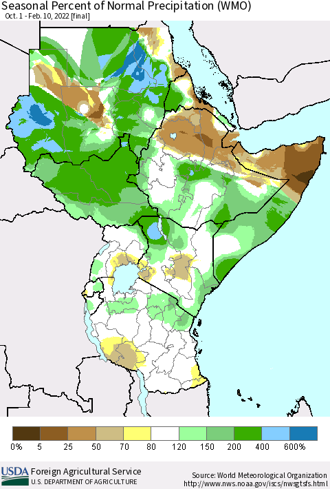 Eastern Africa Seasonal Percent of Normal Precipitation (WMO) Thematic Map For 10/1/2021 - 2/10/2022