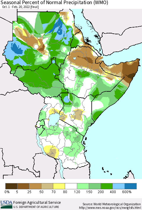 Eastern Africa Seasonal Percent of Normal Precipitation (WMO) Thematic Map For 10/1/2021 - 2/20/2022