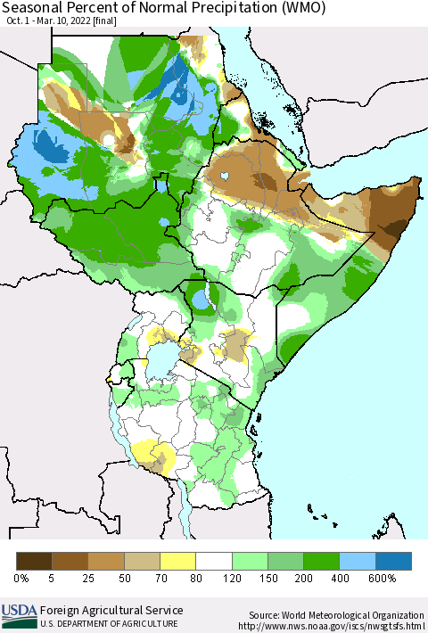 Eastern Africa Seasonal Percent of Normal Precipitation (WMO) Thematic Map For 10/1/2021 - 3/10/2022