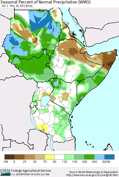 Eastern Africa Seasonal Percent of Normal Precipitation (WMO) Thematic Map For 10/1/2021 - 3/20/2022