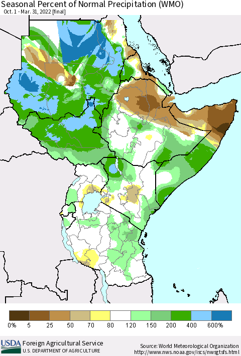 Eastern Africa Seasonal Percent of Normal Precipitation (WMO) Thematic Map For 10/1/2021 - 3/31/2022