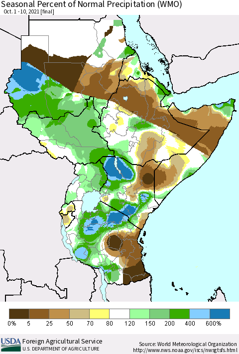Eastern Africa Seasonal Percent of Normal Precipitation (WMO) Thematic Map For 10/1/2021 - 10/10/2021