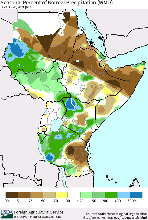 Eastern Africa Seasonal Percent of Normal Precipitation (WMO) Thematic Map For 10/1/2021 - 10/20/2021