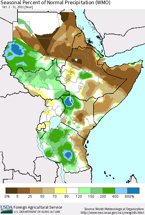 Eastern Africa Seasonal Percent of Normal Precipitation (WMO) Thematic Map For 10/1/2021 - 10/31/2021