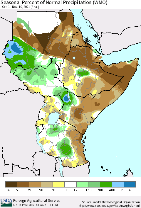 Eastern Africa Seasonal Percent of Normal Precipitation (WMO) Thematic Map For 10/1/2021 - 11/10/2021
