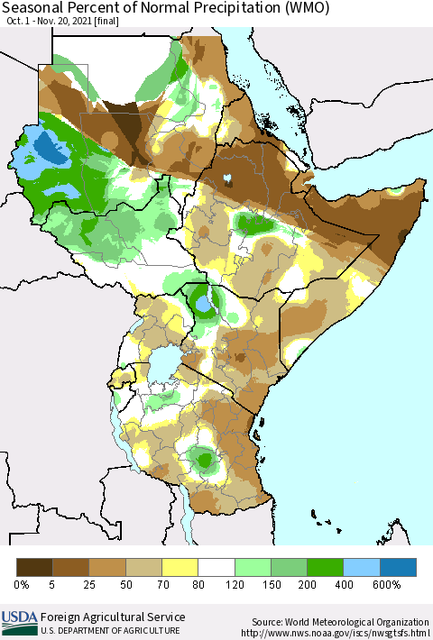 Eastern Africa Seasonal Percent of Normal Precipitation (WMO) Thematic Map For 10/1/2021 - 11/20/2021