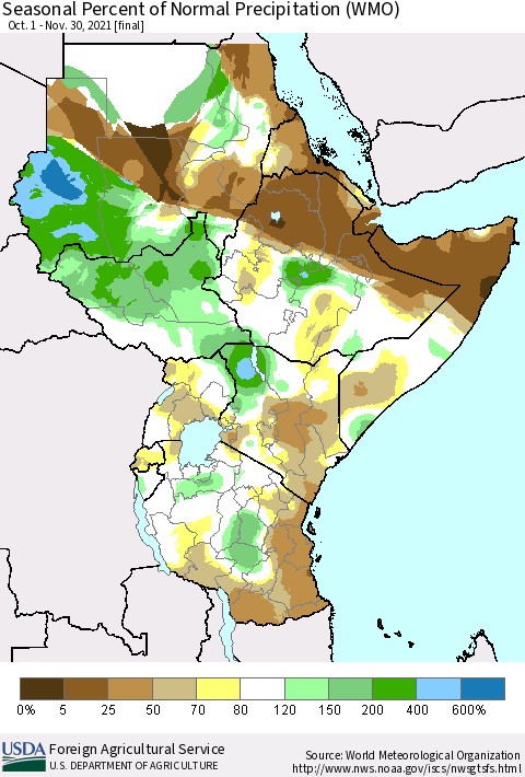 Eastern Africa Seasonal Percent of Normal Precipitation (WMO) Thematic Map For 10/1/2021 - 11/30/2021