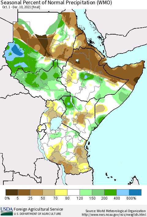 Eastern Africa Seasonal Percent of Normal Precipitation (WMO) Thematic Map For 10/1/2021 - 12/10/2021