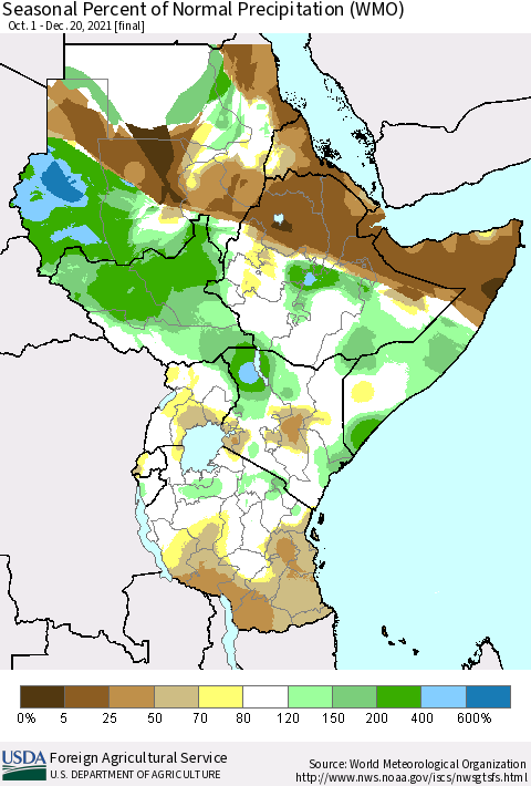 Eastern Africa Seasonal Percent of Normal Precipitation (WMO) Thematic Map For 10/1/2021 - 12/20/2021