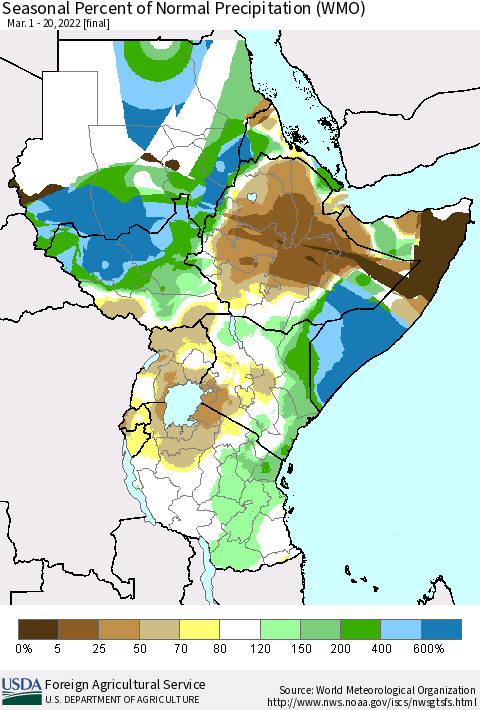 Eastern Africa Seasonal Percent of Normal Precipitation (WMO) Thematic Map For 3/1/2022 - 3/20/2022