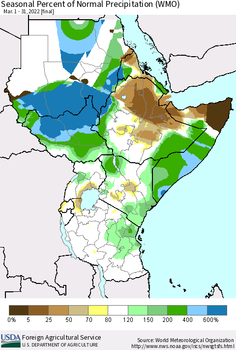 Eastern Africa Seasonal Percent of Normal Precipitation (WMO) Thematic Map For 3/1/2022 - 3/31/2022