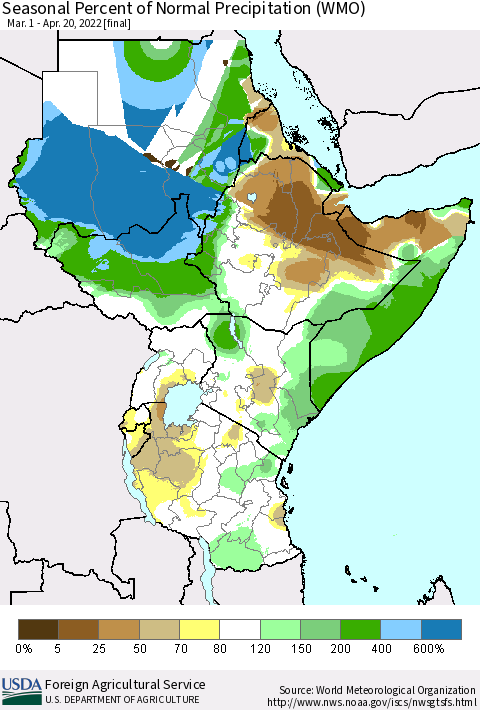 Eastern Africa Seasonal Percent of Normal Precipitation (WMO) Thematic Map For 3/1/2022 - 4/20/2022