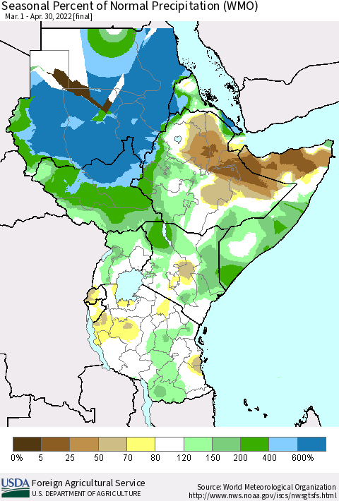 Eastern Africa Seasonal Percent of Normal Precipitation (WMO) Thematic Map For 3/1/2022 - 4/30/2022