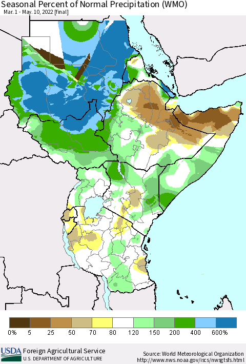 Eastern Africa Seasonal Percent of Normal Precipitation (WMO) Thematic Map For 3/1/2022 - 5/10/2022