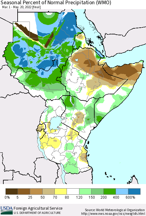 Eastern Africa Seasonal Percent of Normal Precipitation (WMO) Thematic Map For 3/1/2022 - 5/20/2022