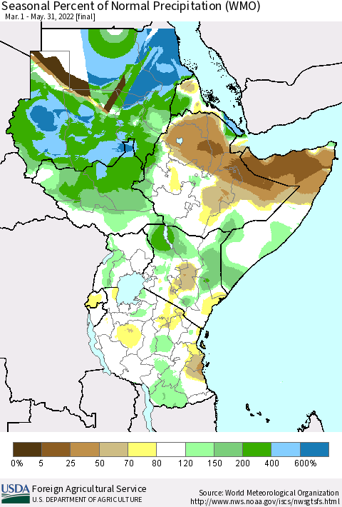 Eastern Africa Seasonal Percent of Normal Precipitation (WMO) Thematic Map For 3/1/2022 - 5/31/2022