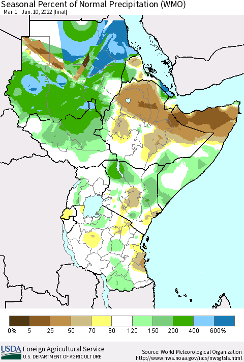 Eastern Africa Seasonal Percent of Normal Precipitation (WMO) Thematic Map For 3/1/2022 - 6/10/2022