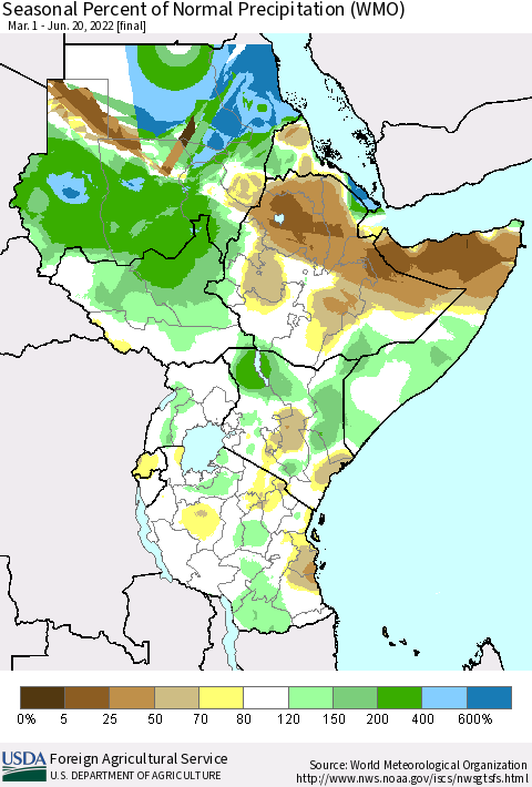 Eastern Africa Seasonal Percent of Normal Precipitation (WMO) Thematic Map For 3/1/2022 - 6/20/2022
