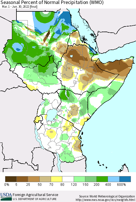 Eastern Africa Seasonal Percent of Normal Precipitation (WMO) Thematic Map For 3/1/2022 - 6/30/2022