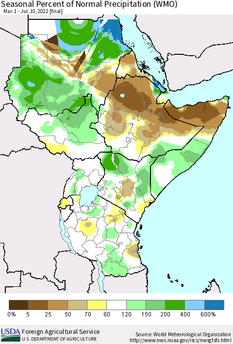 Eastern Africa Seasonal Percent of Normal Precipitation (WMO) Thematic Map For 3/1/2022 - 7/10/2022