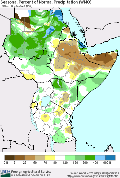 Eastern Africa Seasonal Percent of Normal Precipitation (WMO) Thematic Map For 3/1/2022 - 7/20/2022