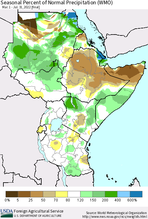 Eastern Africa Seasonal Percent of Normal Precipitation (WMO) Thematic Map For 3/1/2022 - 7/31/2022