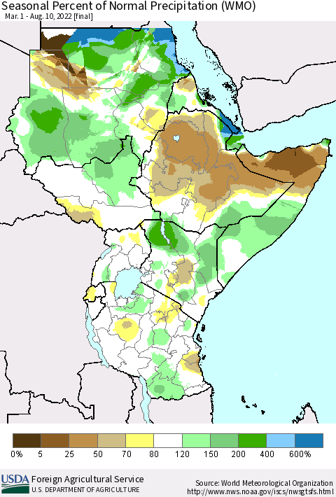 Eastern Africa Seasonal Percent of Normal Precipitation (WMO) Thematic Map For 3/1/2022 - 8/10/2022