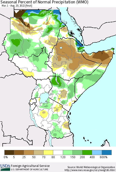 Eastern Africa Seasonal Percent of Normal Precipitation (WMO) Thematic Map For 3/1/2022 - 8/20/2022