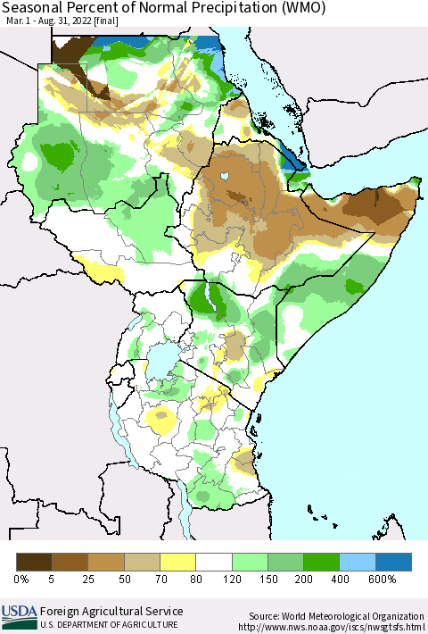 Eastern Africa Seasonal Percent of Normal Precipitation (WMO) Thematic Map For 3/1/2022 - 8/31/2022